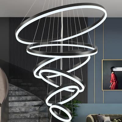 Modern Ring LED Chandelier Large Circle Pendant Light for High Ceilings, Dimmable with Remote - 6 Rings