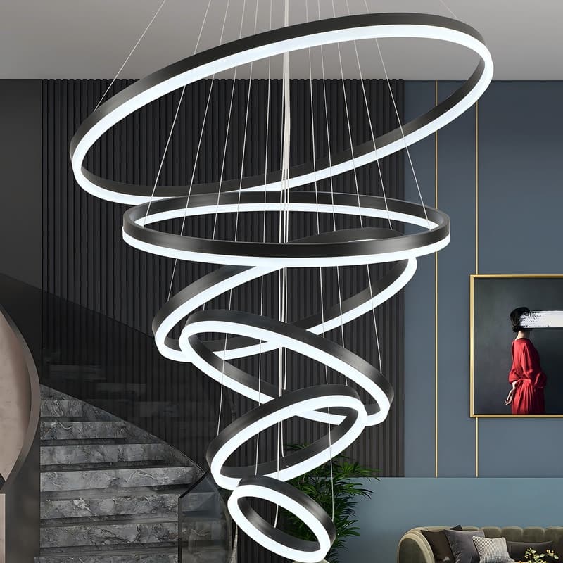 Modern Ring LED Chandelier Large Circle Pendant Light for High Ceilings, Dimmable with Remote - 6 Rings