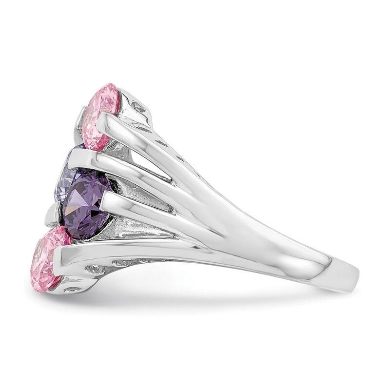 Curata 925 Sterling Silver Rhodium Plated Pink and Purple CZ Cubic Zirconia 4 Bar Ring