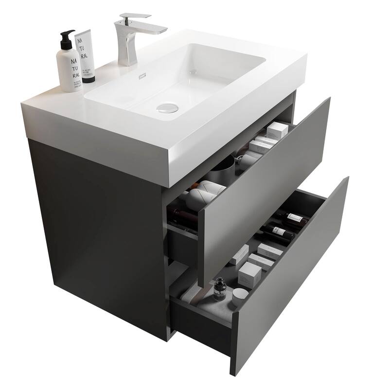 Modern Large Storage Wall Mounted Bathroom Vanity with One-Piece Sink Basin without Drain and Faucet