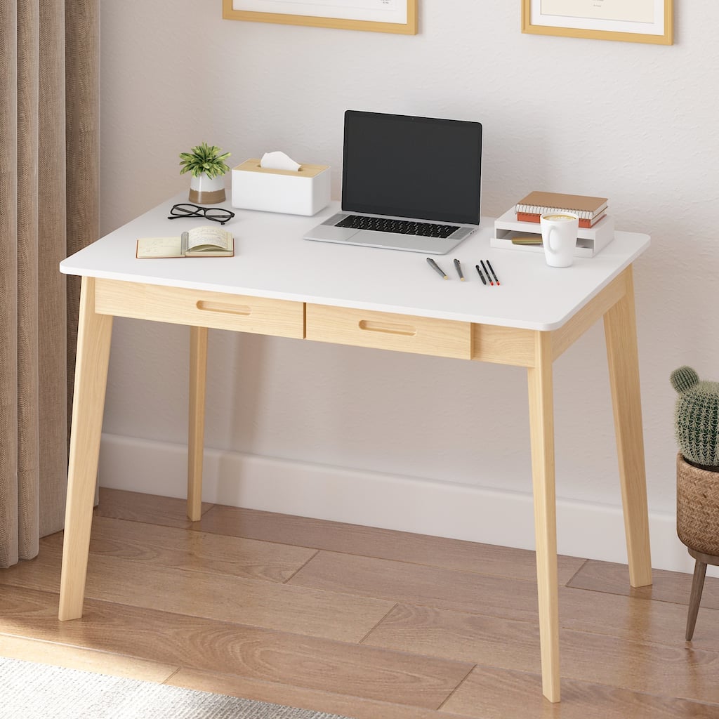 Timechee White Wooden Computer Desk, 39" Writing Desk with 2 Drawers