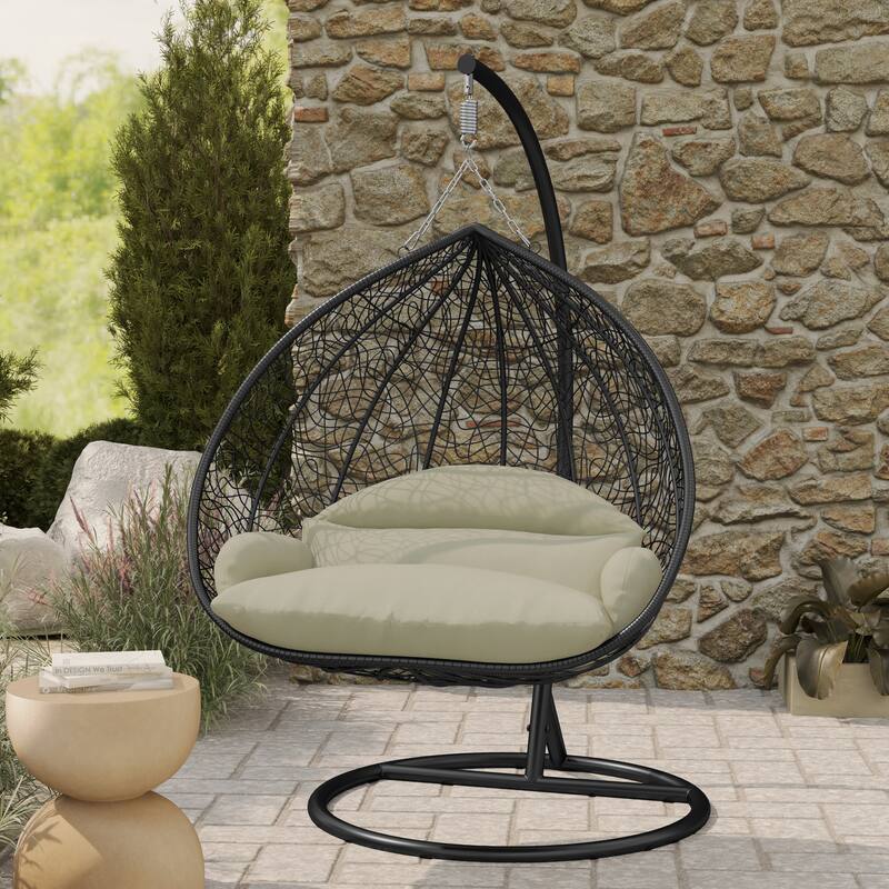 2-Person Outdoor Hanging Egg Chair with Teardrop Frame, Weather-Resistant Cotton Cushioned Seat for Patio and Indoor Use