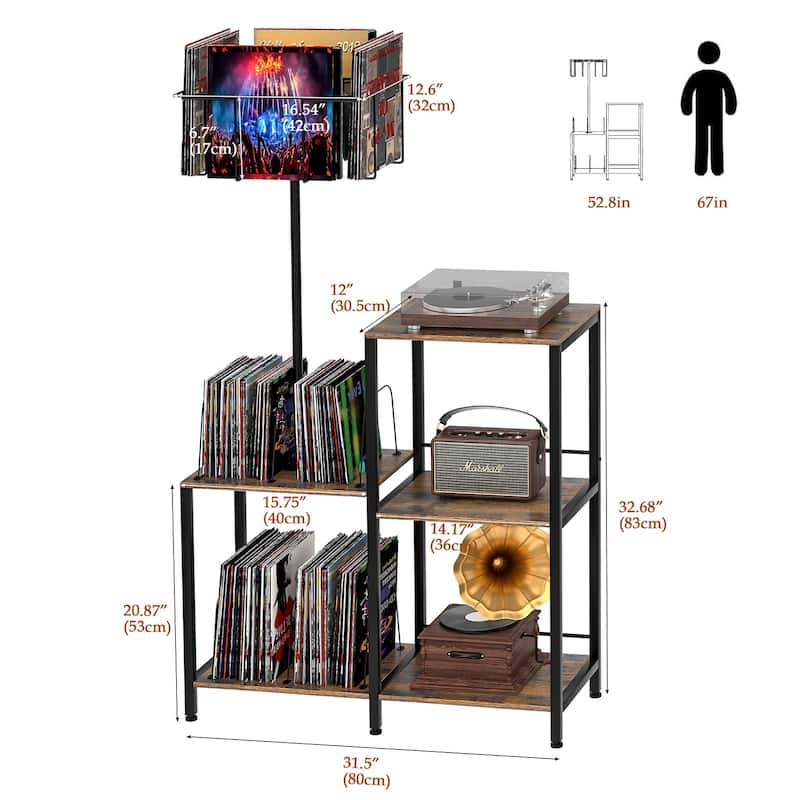 Anmytek Record Player Stand & Table - 6-Tier Rotating Vinyl Storage, Holds 300 Albums, Display Shelf for Bedroom & Living Room