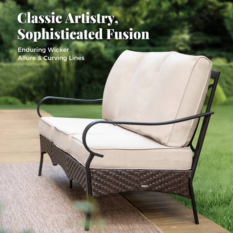 MAISON ARTS Patio Furniture Set with 56" Fire Pit Table, Deep Seating Sofa & Swivel, Rocking, and Fixed Chairs (5 Seats, Beige)