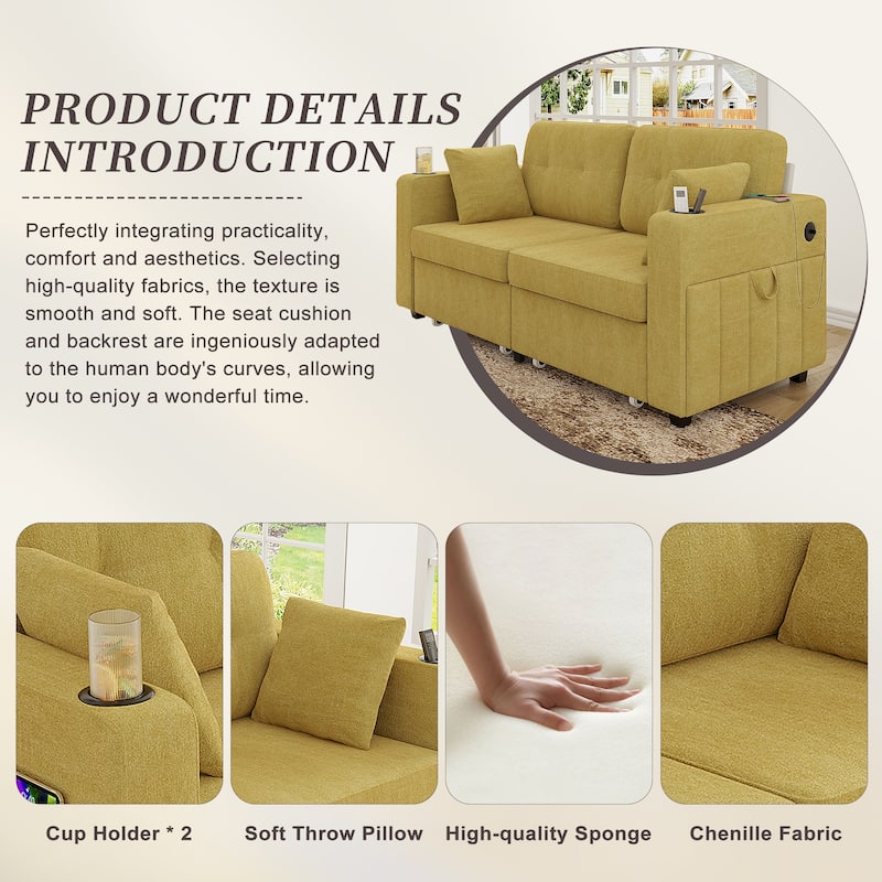 Sofas, Couch Set, 3 Seats Sofa, USB Charging,Wood Frame, Easy to Install, with Storage, Charging Station, Cup Holder