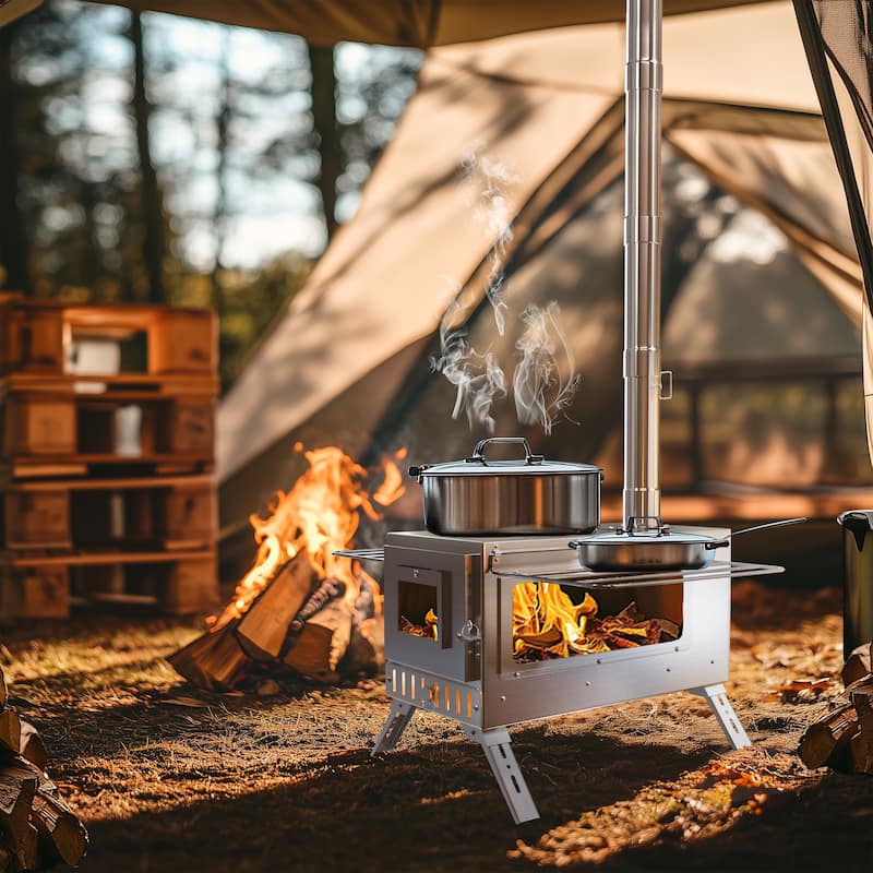 Large Camping Wood Stove, Portable Stainless Steel Hot Tent Stove with 7 chimney pipes