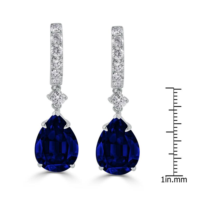 18k Gold Pear Shaped 13 3/4ct Blue Sapphire and 1ct TDW Diamond Dangle Earrings by Auriya