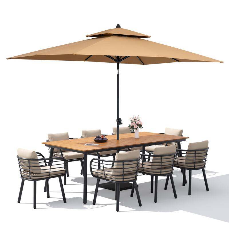 9/11-PieceOutdoor Patio Dining Set with Sunbrella Cushions Aluminum Dining Table and Chairs w/10 ft Umbrella and Base
