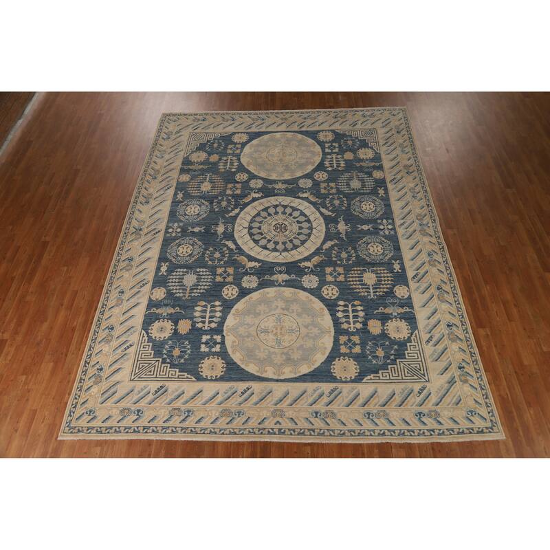 Hand Knotted Oriental 100% Wool Carpet Transitional Geometric Navy Blue & Blues Oushak Area Rug - 12' 0'' X 9' 2''