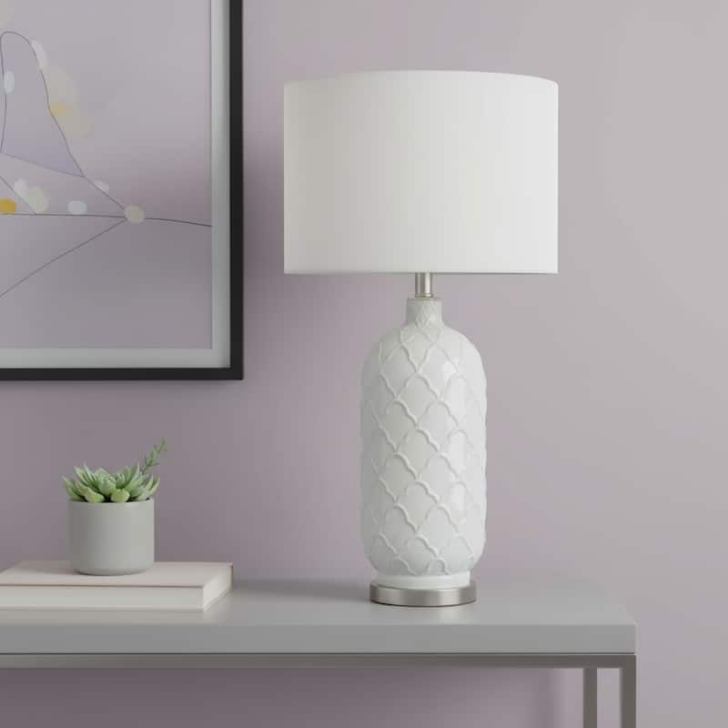 HomeRoots 30" White And Nickel Glass Quatrefoil Table Lamp With White Drum Shade - 15.00 in. x 30.00 in. x 15.00 in. - Nickel/White - 15.00 in. x 30.00 in.  x 15.00 in.