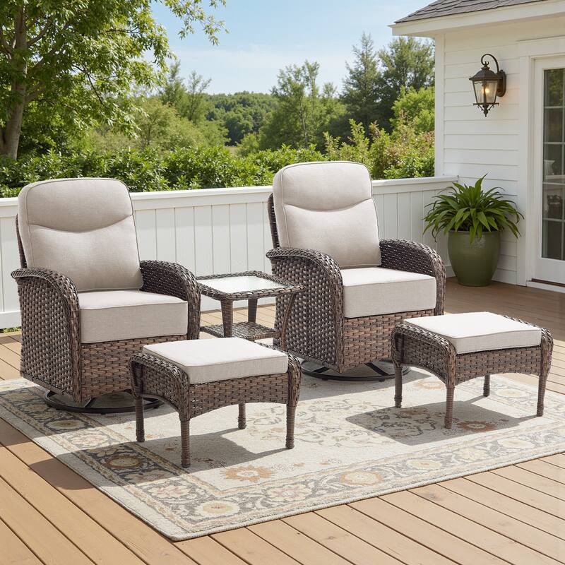 Meyreso 5-Piece Wicker Patio Swivel Glider Set with 6-Inch Thick Cushions - Brown Wicker - Beige Cushions