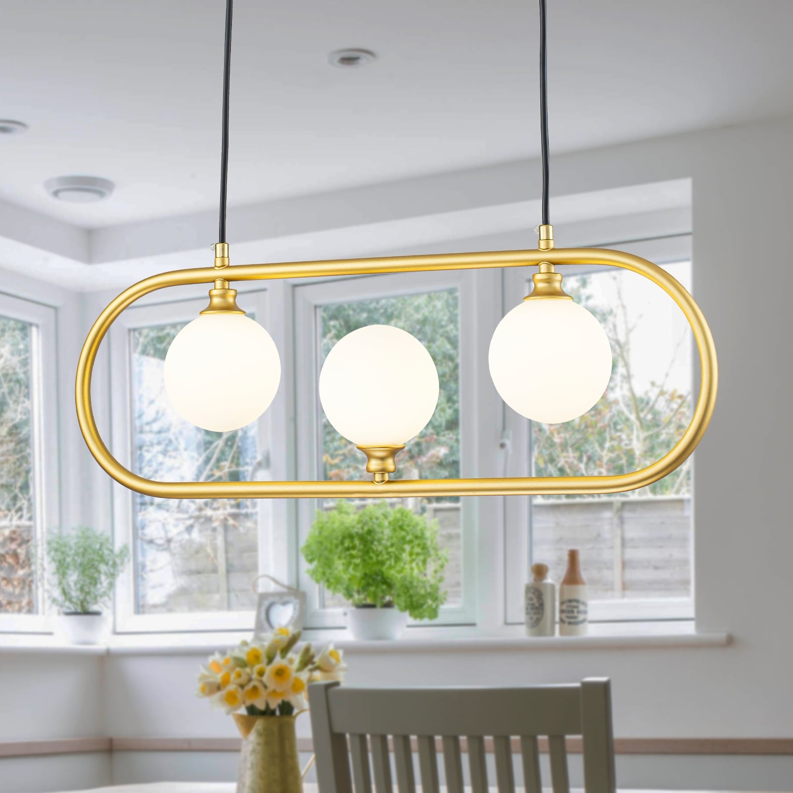 3-Light Linear Kitchen Island Pendant Frosted Milky White Glass Globes - Dia.22.83-in