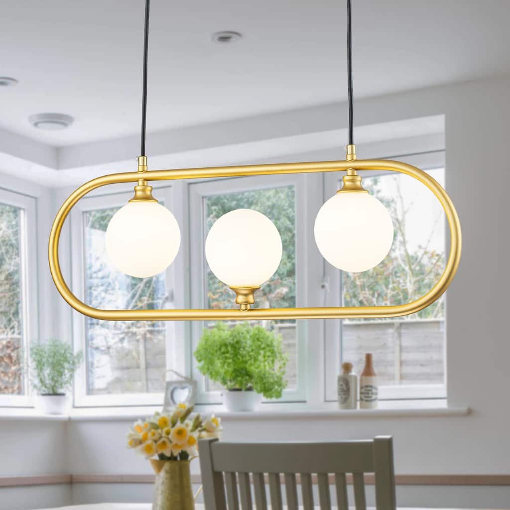 3-Light Linear Kitchen Island Pendant Frosted Milky White Glass Globes - Dia.22.83-in