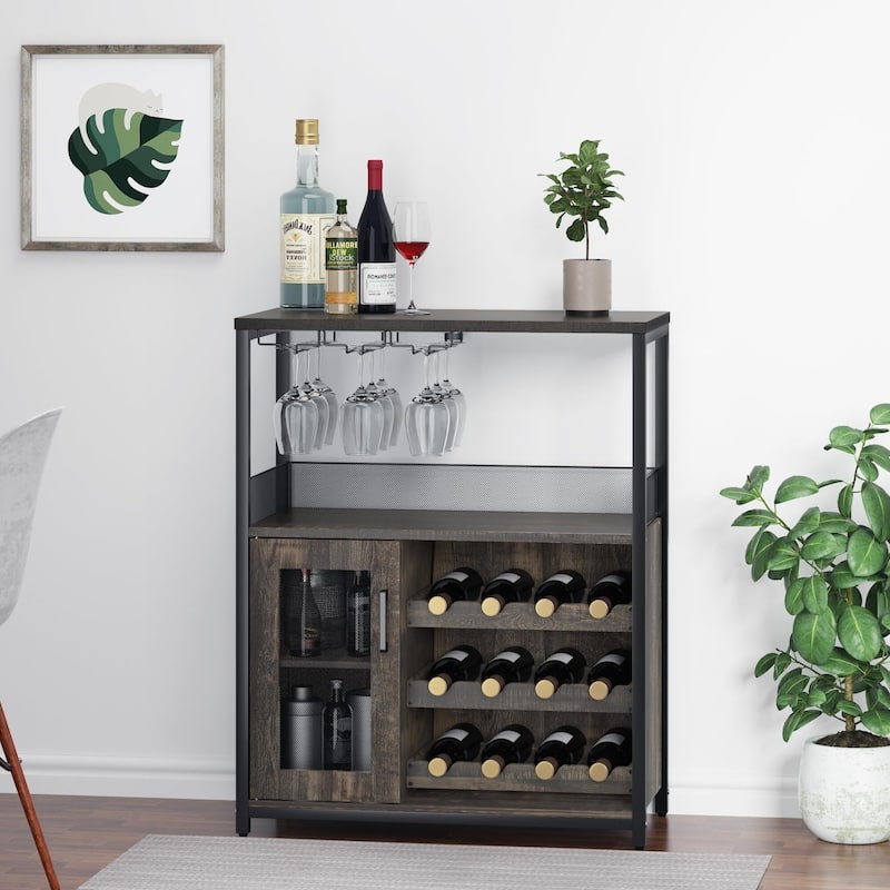 3-Tier Wine Bar Cabinet with LED Lights, Detachable Wine Rack and Storage Space, Small Liquor Bar Cabinet - Grey