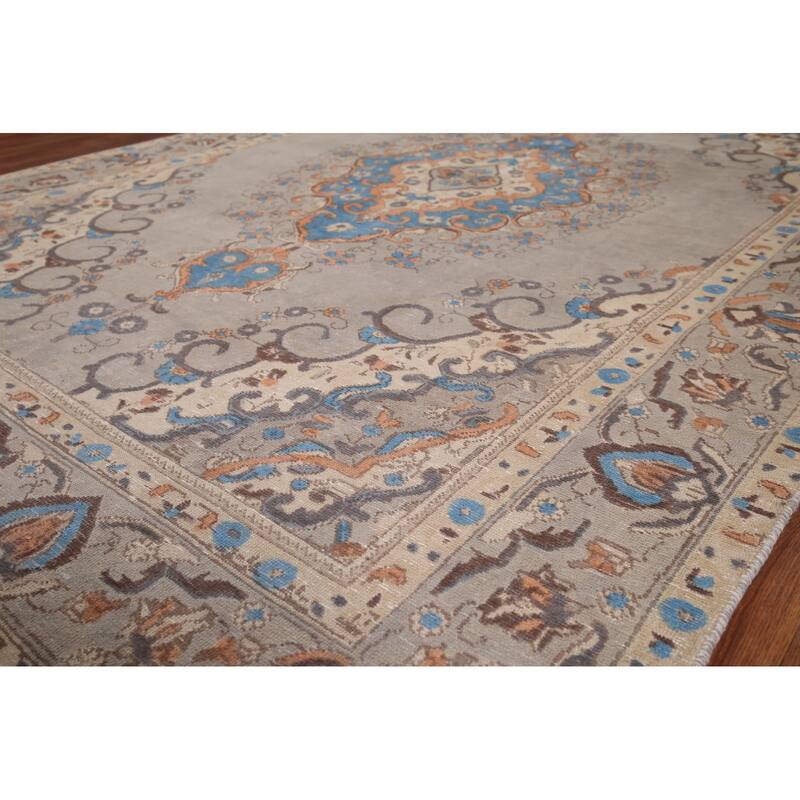 Distressed Tabriz Vintage Persian Rug Hand-Knotted Grey Wool Carpet - 6'6" x 9'7"