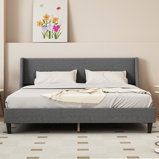 King Size Bed Frame Upholstered Bed Frame Platform With Adjustable Headboard Linen Fabric King Size Bed Frame Upholstered Bed Frame Platform With Adjustable Headboard Linen Fabric