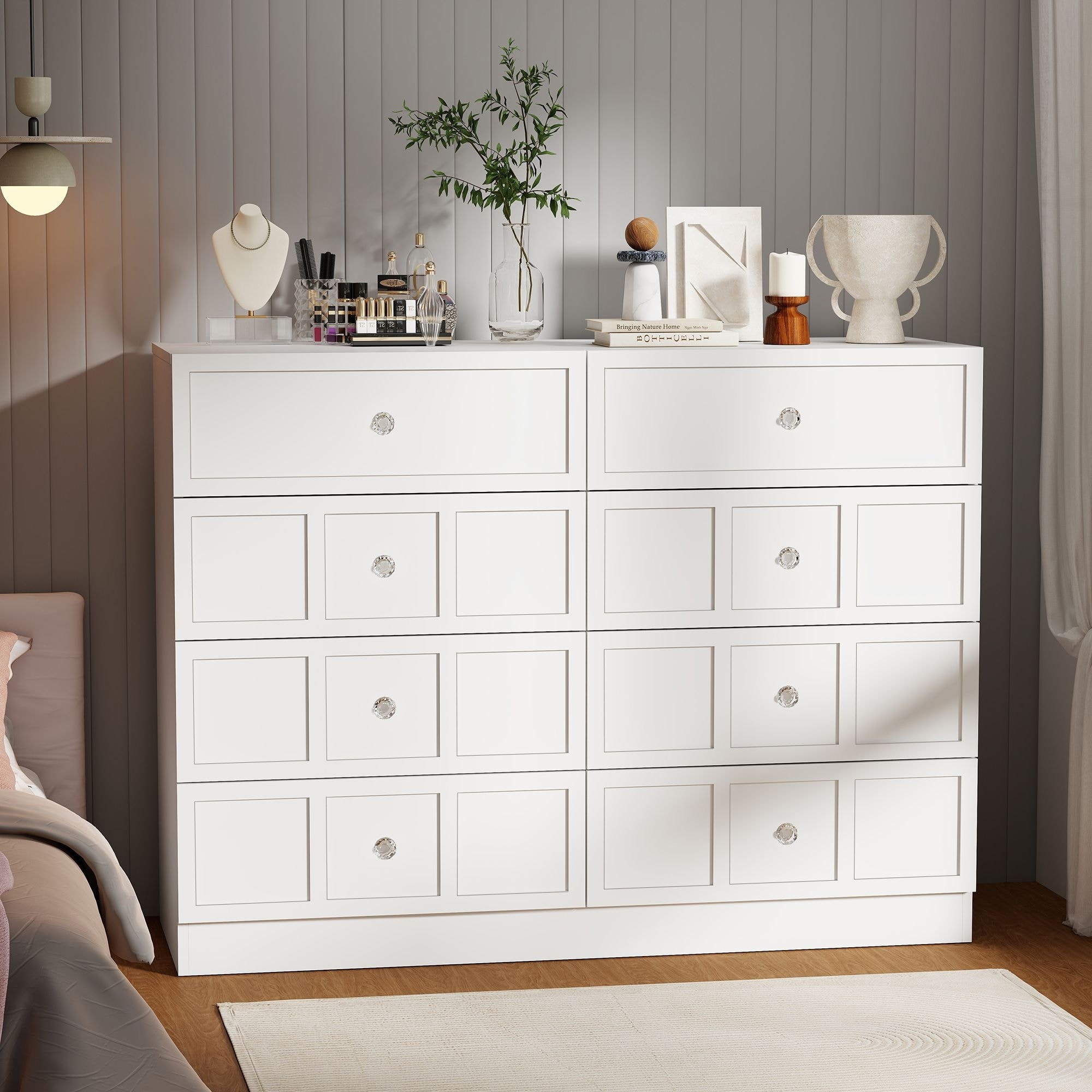 8 Drawer White Dresser, Modern Wood Storage Cabinet with Wide Top, Bedroom Chest Organizer
