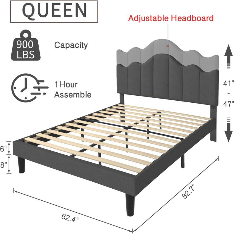 VECELO Modern Upholstered Platform Bed with Adjustable Headboard, Dark Blue/ White/ Grey/ Beige Bed Frames