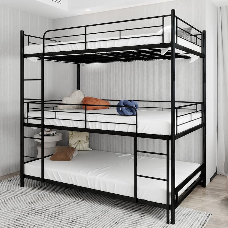 Twin Size Heavy-Duty Triple Frame Bed With Built-In Ladder And Full-Length Railing, No Springs Required, Easy To Assemble