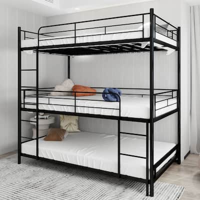 Twin Size Triple Bed Frame with Built-in Ladder and Full-Length Railing for Multiple Kids Children's Room