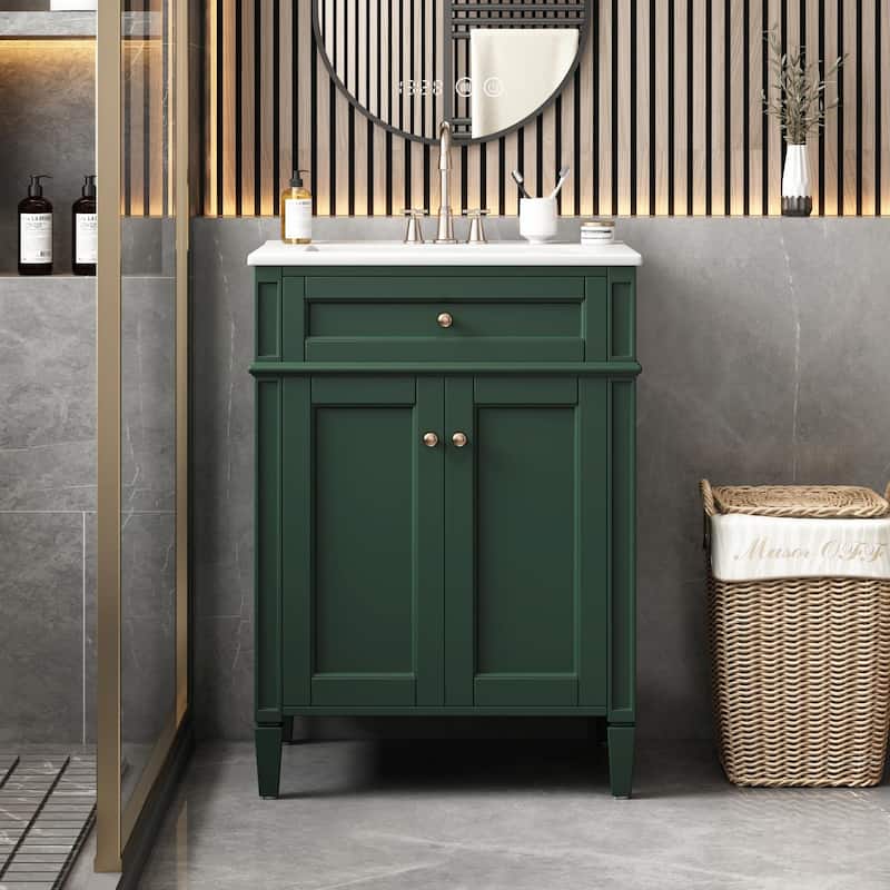24" Bathroom Vanity with 2 Doors and Tip-Out Drawer - Bathroom Storage Cabinet with Sink - Green