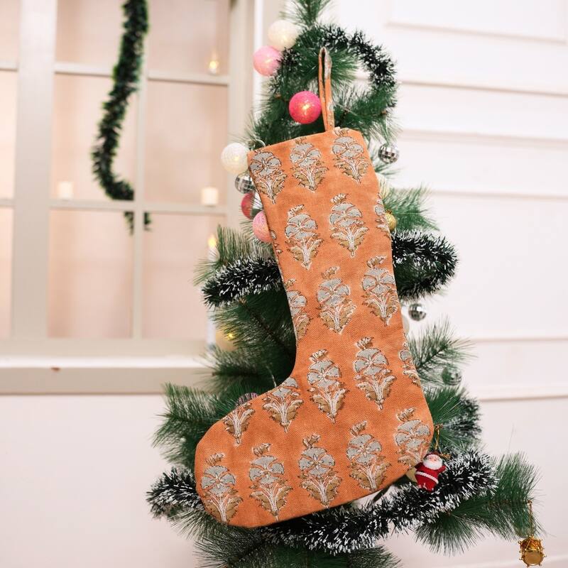 Fabdivine 16x6.5 Inches Hand Floral Block Print Christmas Stockings Tassle and Loop Perfect for Gift - 16"X6.5"