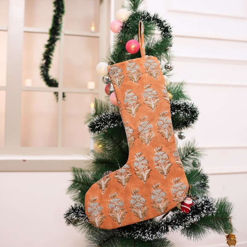 Fabdivine Handmade Christmas Stocking Floral Block Print 10X4.5 Inch Tassel Loop for Home Décor - 10"X4.5"