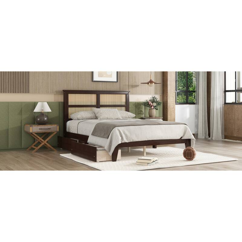 Roomfitters Full Rubber Wood Bed with Rattan Headboard, Underbed Storage Design, Reinforced Slats and Support Feet