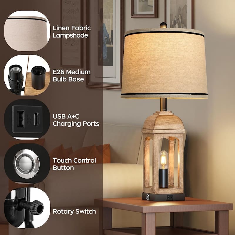 Table Lamp for Living Room, Farmhouse Lamps Set of 2 with USB A+C and Nightlight, 26" Rustic Bedside Lamps with 3-Way Dimmable