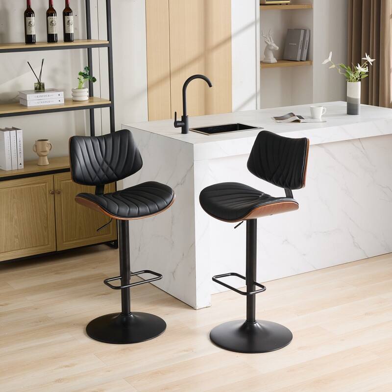 Mid-Century Modern Swivel Bar Stool - Walnut Finish & Faux Leather, Adjustable Counter Height