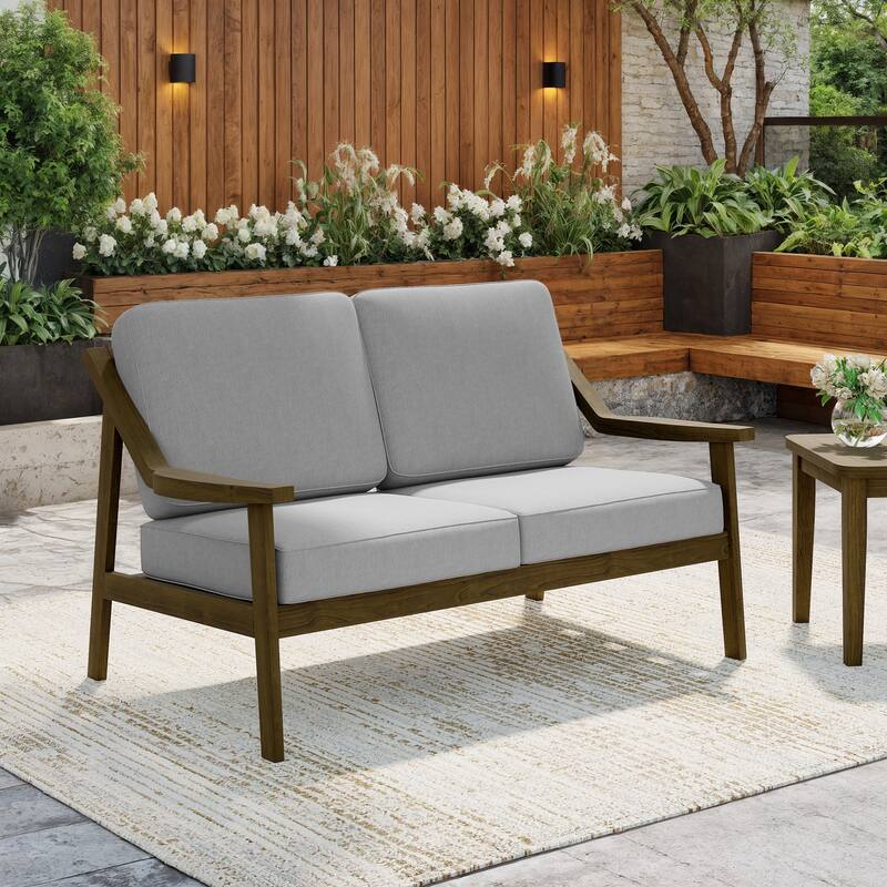Solid Wood Outdoor Arm Chair Loveseat with Cushion - Brown/Grey - 1 Loveseat