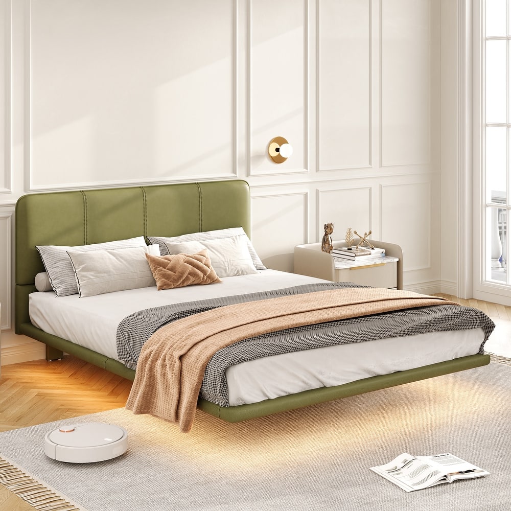 Modern PU Leather Floating Platform Bed with LED Lights, No Boxing Spring Needed