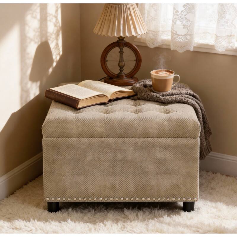 Storage Ottoman,Tufted Footstool, Nailhead Trim Ottoman, Square Storage Ottoman, Upholstered Coffee Table, Bedroom Storage - Camel