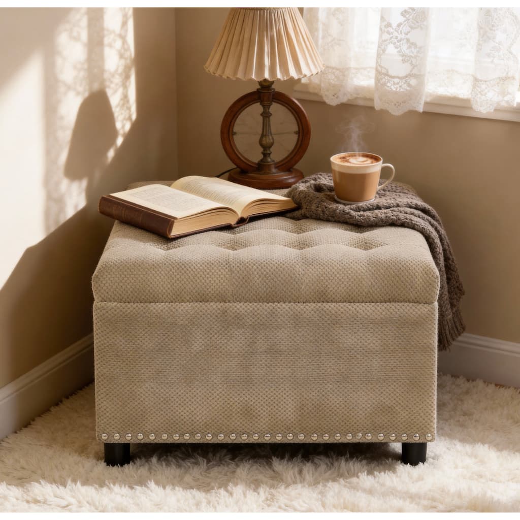 Storage Ottoman,Tufted Footstool, Nailhead Trim Ottoman, Square Storage Ottoman, Upholstered Coffee Table, Bedroom Storage