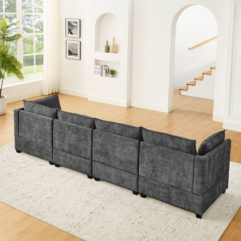 Chenille Upholstered Sectional Sofa with 2 Ottoman Chaise Lounge and Throw Pillows, Deep Seat Sleeper Cloud Couches, 4 Seat