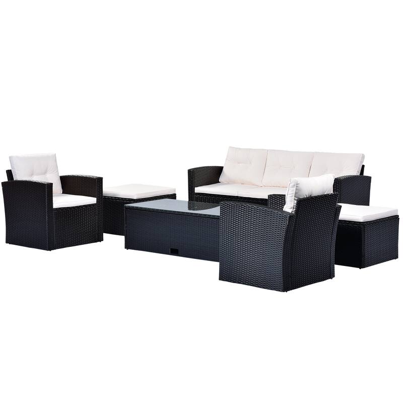 6-Pieces Outdoor Rattan Conversation Sofa Set with Coffee Table and 2 Ottoman