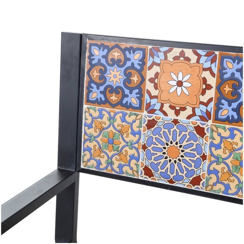 Black or White Metal Mosaic Floral and Scroll Outdoor Bench with Orange and Blue Patterns