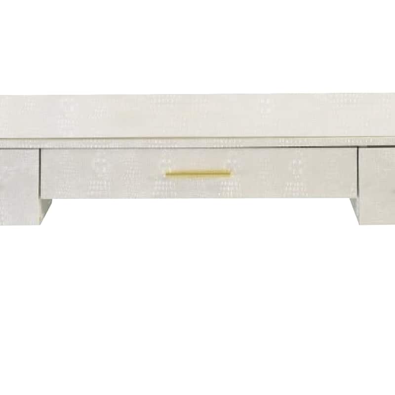 San 50 Inch Textured Vanity Desk with Round Mirror, Gold Sled Base, White
