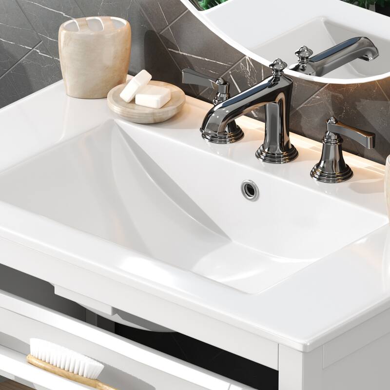 30"Bathroom Vanity with Ceramic Sink, Adjustable Shelf and Tip-Out Tray, Solid Wood Legs, Metal Knobs and Soft Close Hinges