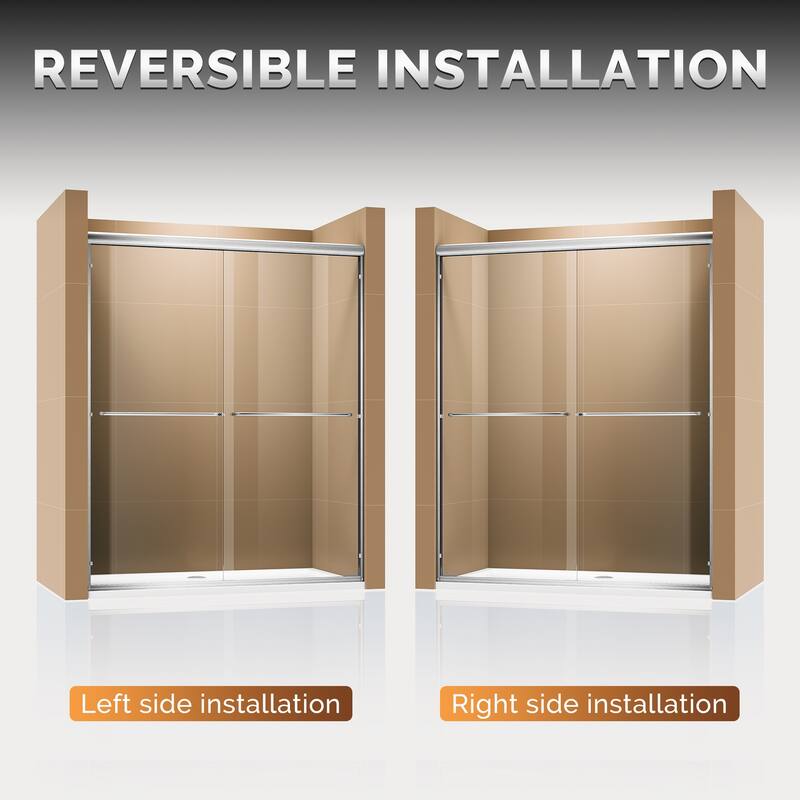 Elegant Double Sliding Shower Door Brushed Nickel Finish Framed With 1/4 inch Clear Tempered Glass