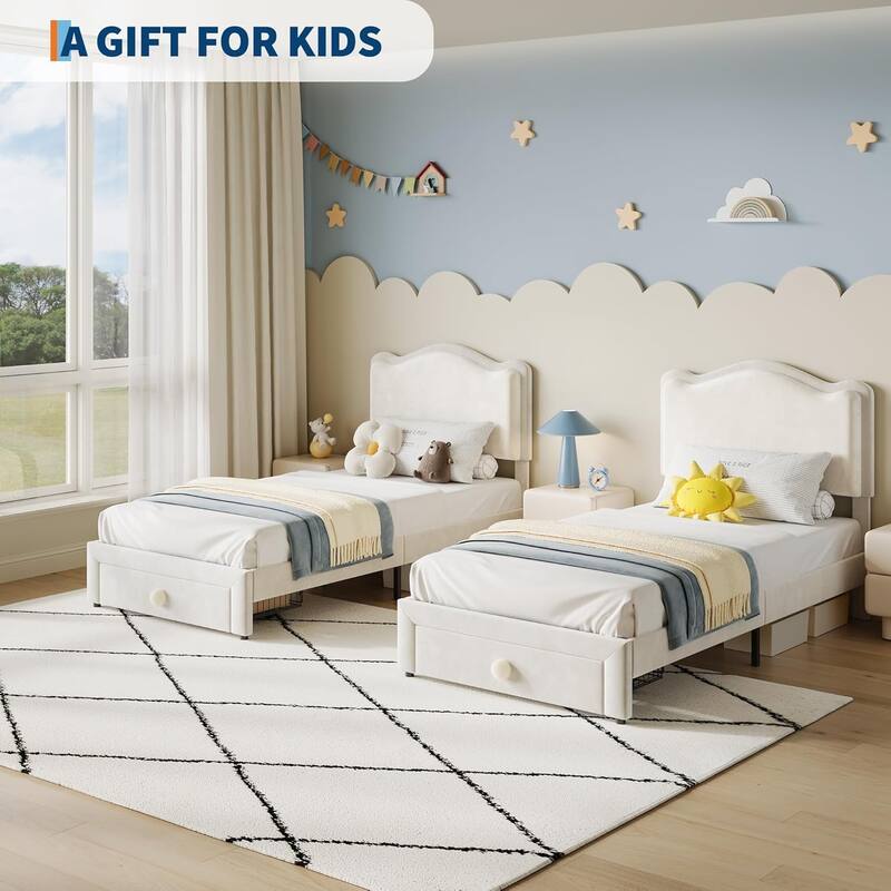Upholstered Bed Frame for Kids with Storage Drawer and Scallop Headboard, No Box Spring Needed