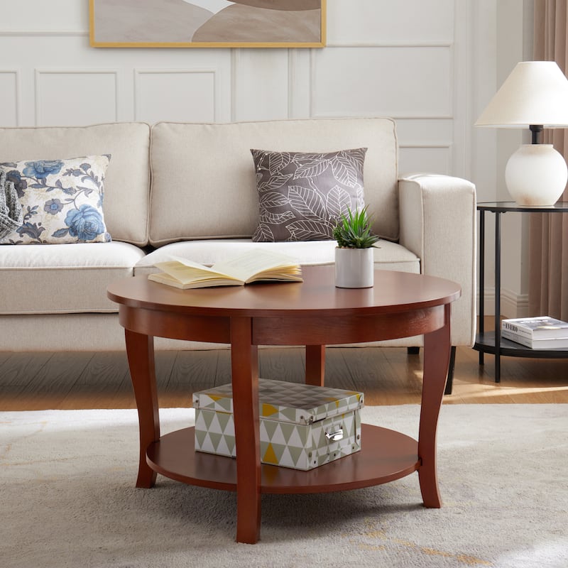 Traditional Round Coffee Table with Open Storage Shelf,2-Tier Storage Wood Center Circle Accent Table for Living Room