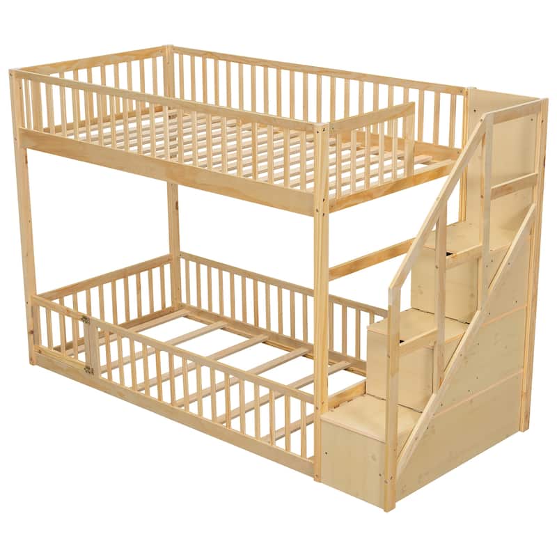 Twin Over Twin Floor Bunk Bed Frame with Storage Stairs and Door