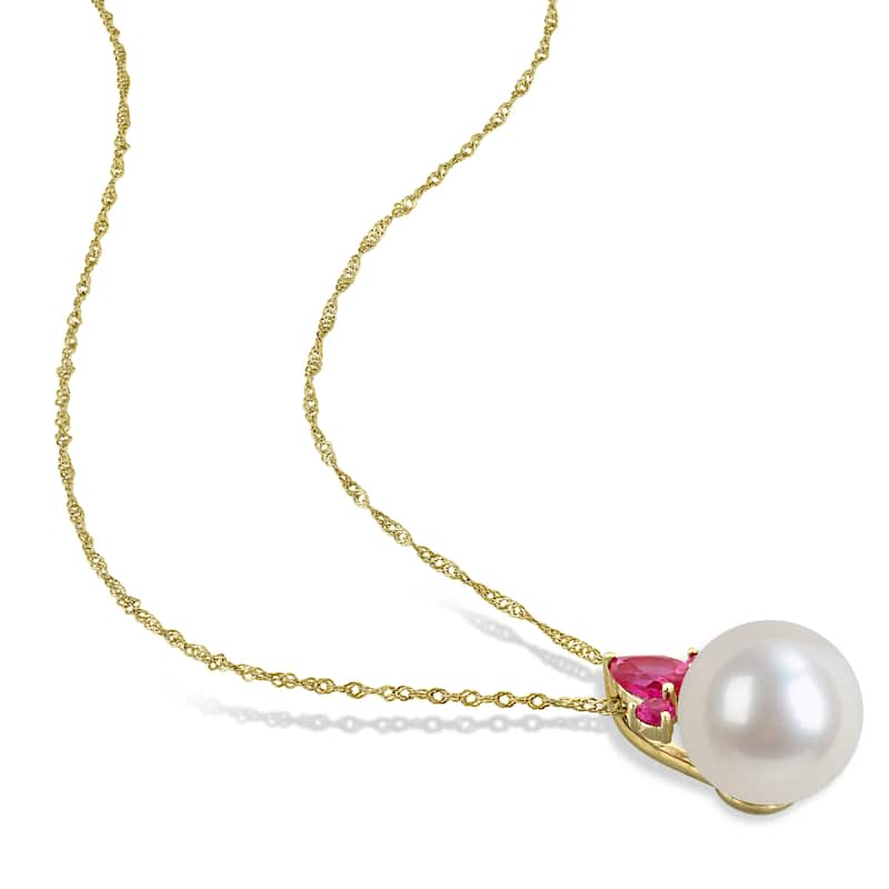 Miadora Cultured Freshwater Pearl and Gemstone Necklace White or Yellow 14k Gold
