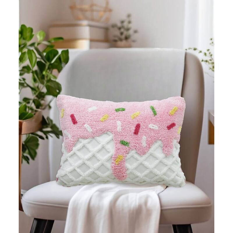 Vibhsa Novelty Tufted Decorative Pillow with Ice Cream Design, 14"X20"