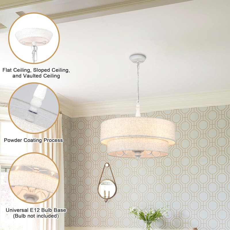 21.25-inch 5-light elegant retro metal chandelier with double-layer fabric lampshade and adjustable height