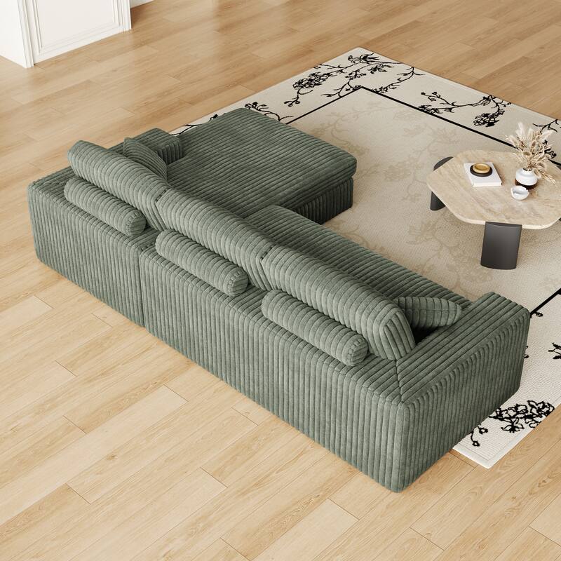 L-Shaped Sectional Sofa with Chaise Lounge, Corduroy Modular Foam Sofa, Upholstered Sofa with 2 Cushion & 2 Throw Pillows