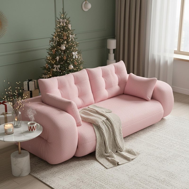 Homy Casa 71.7" Teddy Fabric Convertible Sofa Bed, 3-in-1 Multi-Functional Futon Couch, Living Room Bed, Christmas Gift - Pink