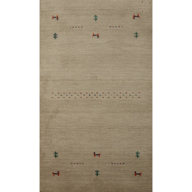 Hand Knotted Oriental 100% Wool Carpet Tribal Animal Pictorial Beige & Ivories Gabbeh Area Rug - 4' 10'' X 2' 10''