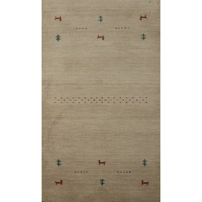Hand Knotted Oriental 100% Wool Carpet Tribal Animal Pictorial Beige & Ivories Gabbeh Area Rug - 4' 10'' X 2' 10''